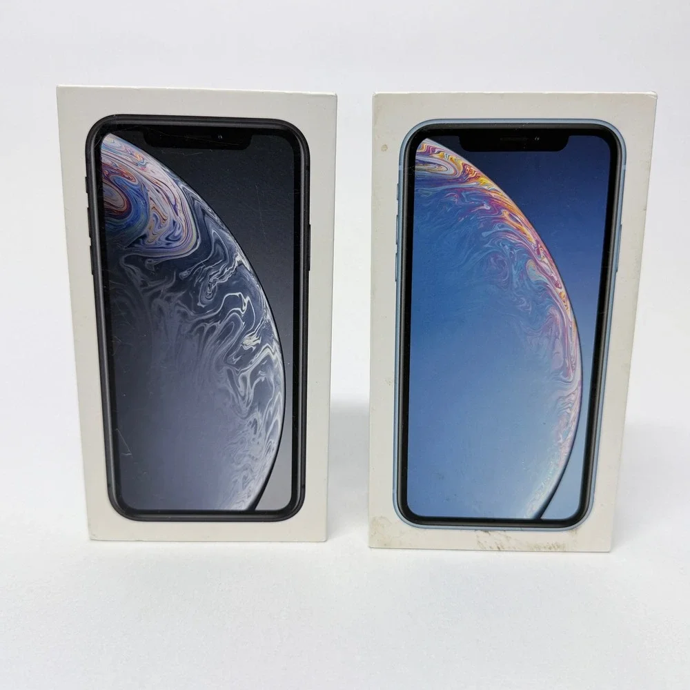 Lot of 2 Apple iPhone XR Boxes 64GB Black Blue with EarPods Stickers Manuals
